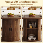 47 inch Round Dining Table for 4-6, Dinner Table with 2-Layer Storage Shelf, Morden Circle Kitchen Table with Wooden Strip Base and Wood Slide Door for Home Dining Room, Living Room, Walnut