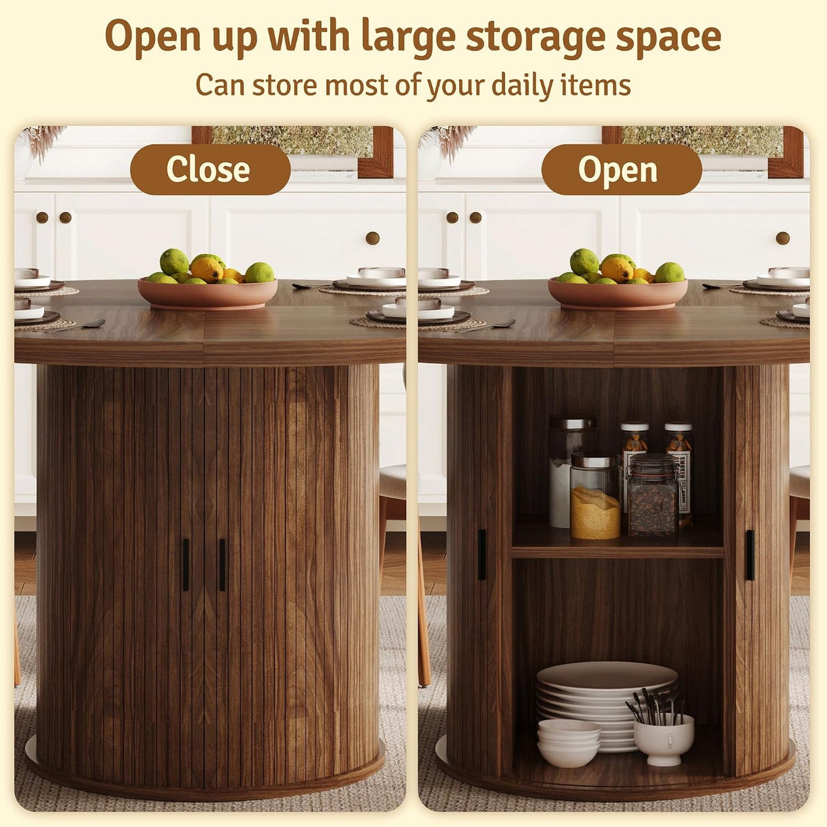47 inch Round Dining Table for 4-6, Dinner Table with 2-Layer Storage Shelf, Morden Circle Kitchen Table with Wooden Strip Base and Wood Slide Door for Home Dining Room, Living Room, Walnut