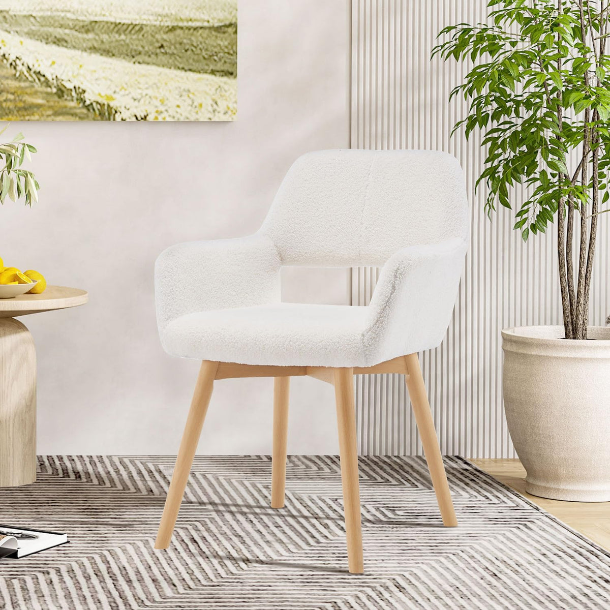 Mid Century Modern Dining Chairs Set of 2 & 4 & 6 Comfy Accent Chair Upholstered Kitchen Dining Living Room Chairs for Bedrooms Waiting Room Home Arm Desk Chair No Wheels (Wool White, 2)