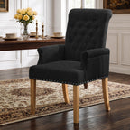 WUTUTUEE Fabric Dining Chair with Arms, Upholstered Tufted High Back Dining Room Chairs, Accent Armchair with Solid Wood Leg and Nailhead Trim, Kitchen Dining Living Room, Beige