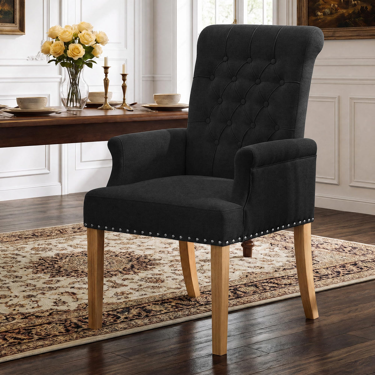 WUTUTUEE Fabric Dining Chair with Arms, Upholstered Tufted High Back Dining Room Chairs, Accent Armchair with Solid Wood Leg and Nailhead Trim, Kitchen Dining Living Room, Beige