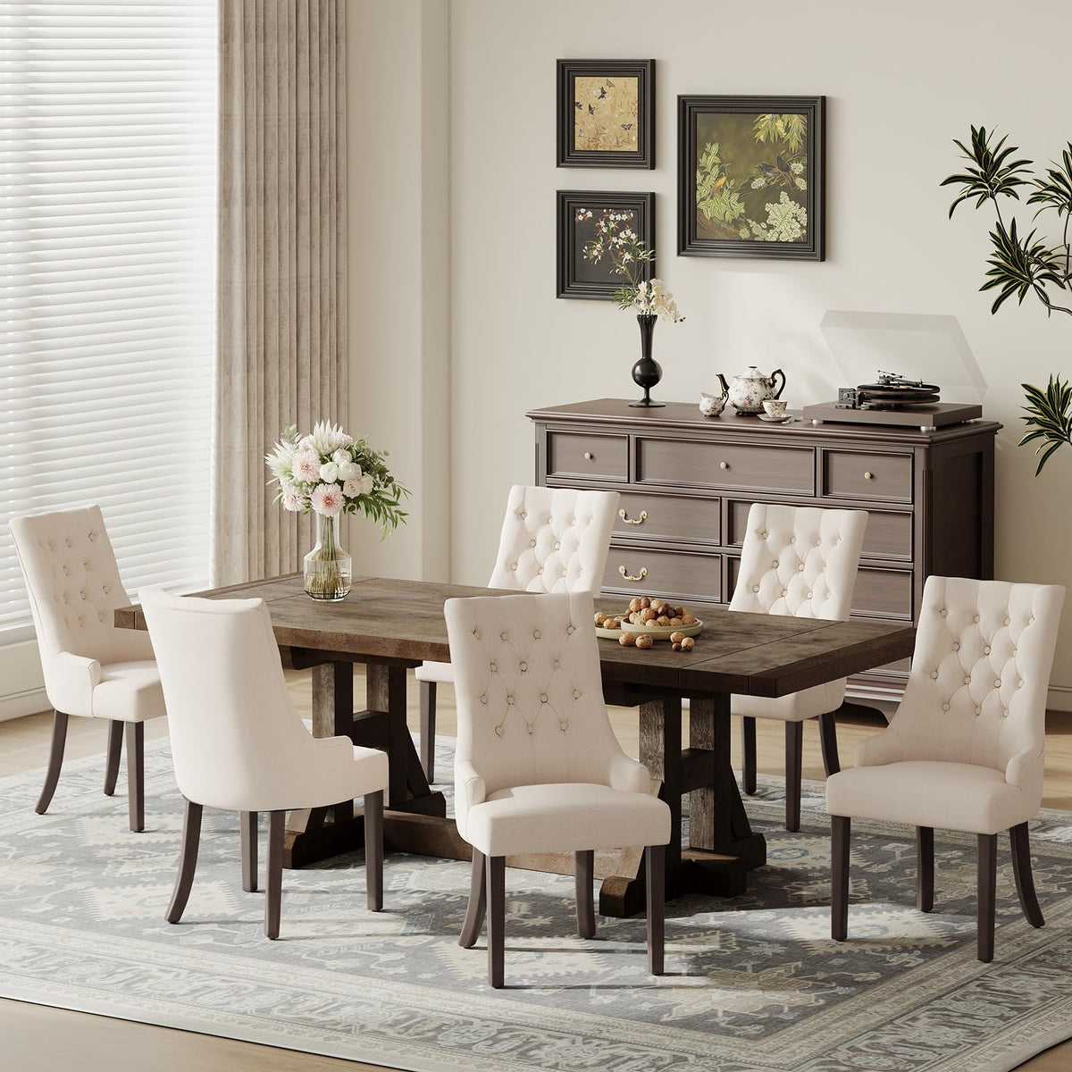 COLAMY Wingback Upholstered Dining Chairs Set of 4, Fabric Side Dining Room Chairs with Tufted Button, Living Room Chairs for Home Kitchen Resturant- Beige