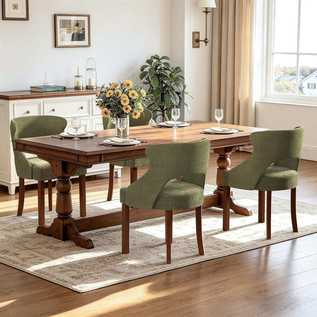 Wooden Dining Chairs Set of 4,Modern Fabric Upholstered Dining Room Chair Kitchen Side Chairs with Solid Wood Legs,Mid Century Farmhouse Dinner Chairs for Kitchen Dining Room,Restaurant,Green
