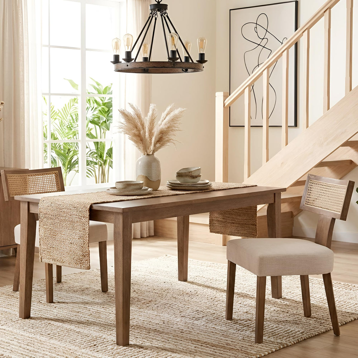 HNY Mid Century Modern Dining Chairs Set of 4, Upholstered Linen Kitchen & Dining Room Chairs with Ergonomic Curved Backrest, Solid Wood Legs, Farmhouse Accent Chair for Home, Apartment, Beige