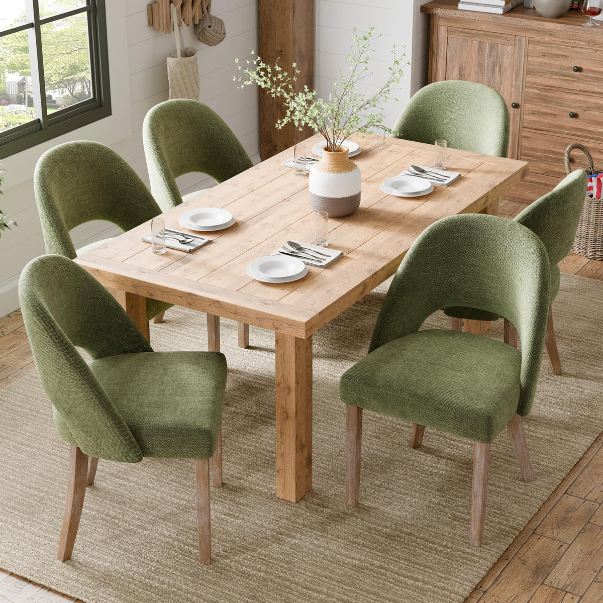 Wooden Dining Chairs Set of 4, Green Chenille Kitchen Dining Chairs