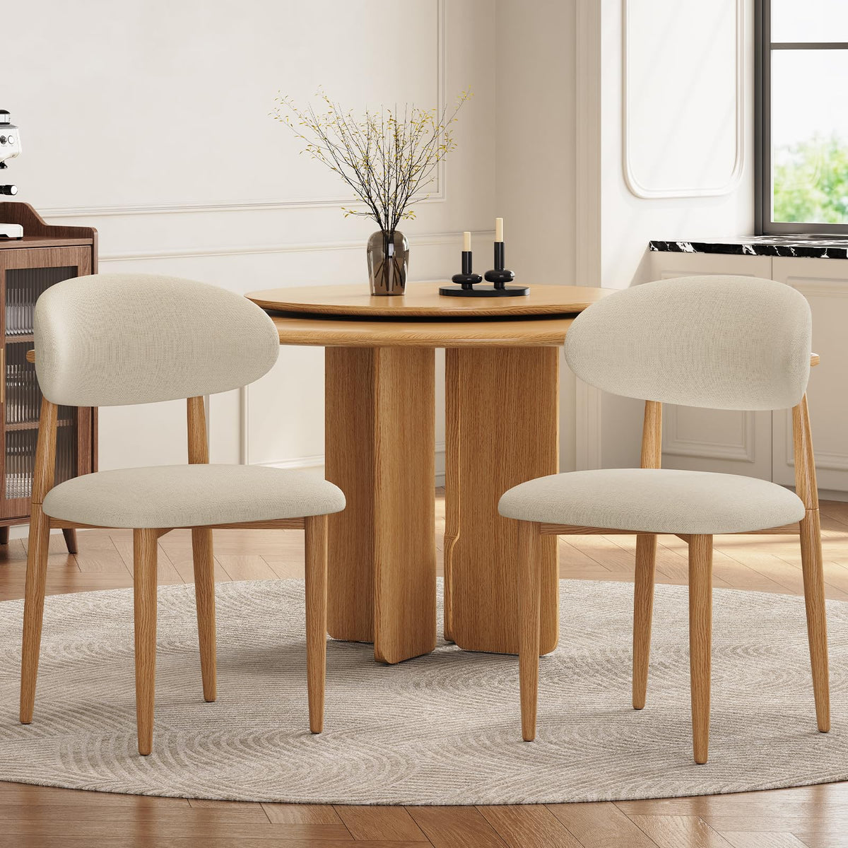 Dining Chairs, Modern Fabric Upholstered Dining Room Chair MetalKitchen Chairs, Farmhouse Dinner Chair for Kitchen Dining Room, Beige (4, Beige Seat/Wood-Grain Metal Legs)