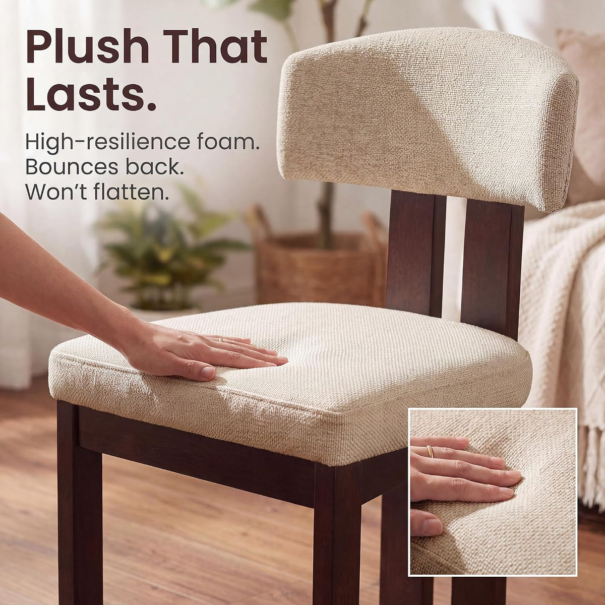 COLAMY Upholstered Dining Chairs Set of 6, Solid Wood Wobble-Free Modern Kitchen Accent Seating for Long Family Dinners, Mid Century Beige Fabric & Walnut Finish,Camel