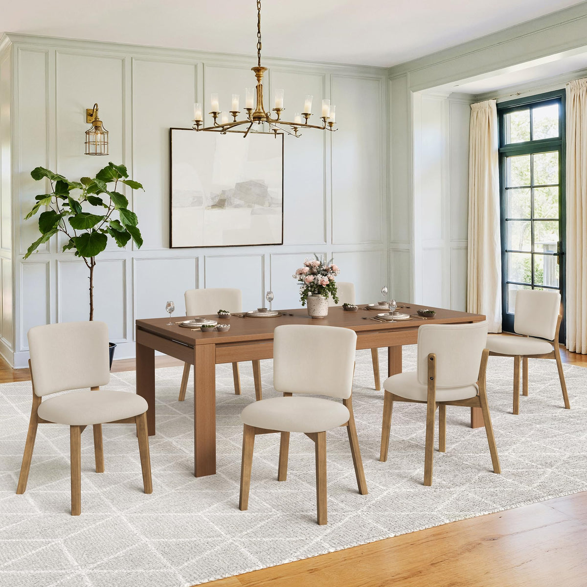 LUE BONA Linen Farmhouse Dining Chairs Set of 4, Natural Wood Leg