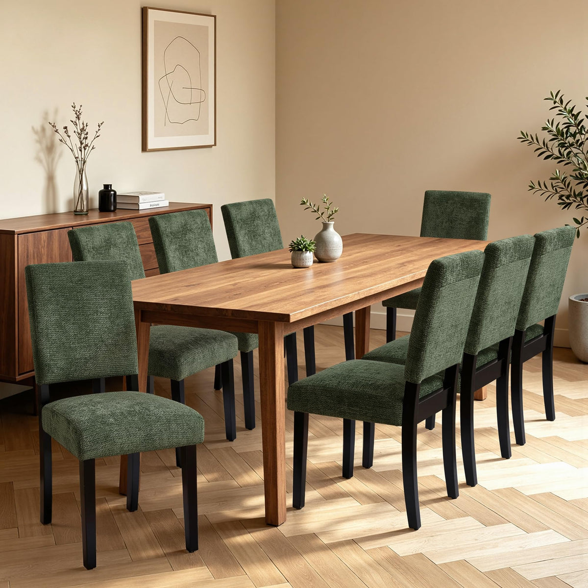 CHUN YI Dining Chairs Set of 4, Upholstered Dining Room Chairs, Modern Farmhouse Parsons Chairs with Solid Wood Legs & Fabric Padded Seat for Kitchen/Living Room/Restaurant, Beige