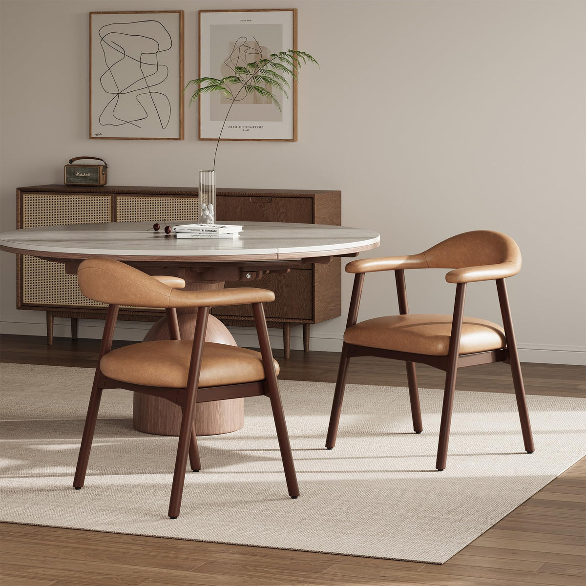 MALOL Leather Dining Chair with Armrest Set of 4, Upholstered Dining Room Chair with Curved Back and Wood Legs, Mid Century Modern Kitchen Chairs for Kitchen Dining Room,Brown