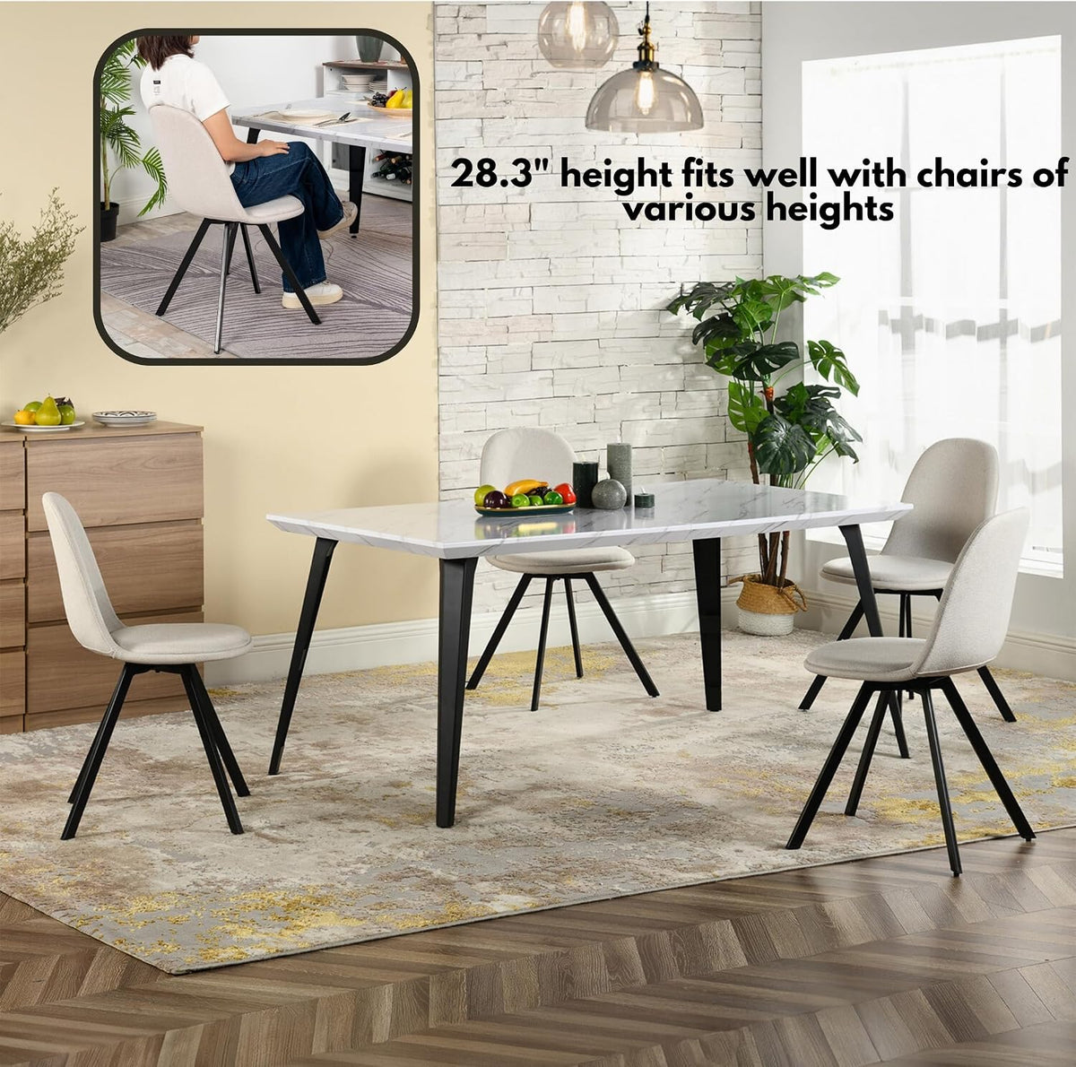 Homy Casa 63-Inch Dining Table Rectangular Kitchen Table for 4-6, Dining Room Table with Wooden Top and Metal Legs, White Marble