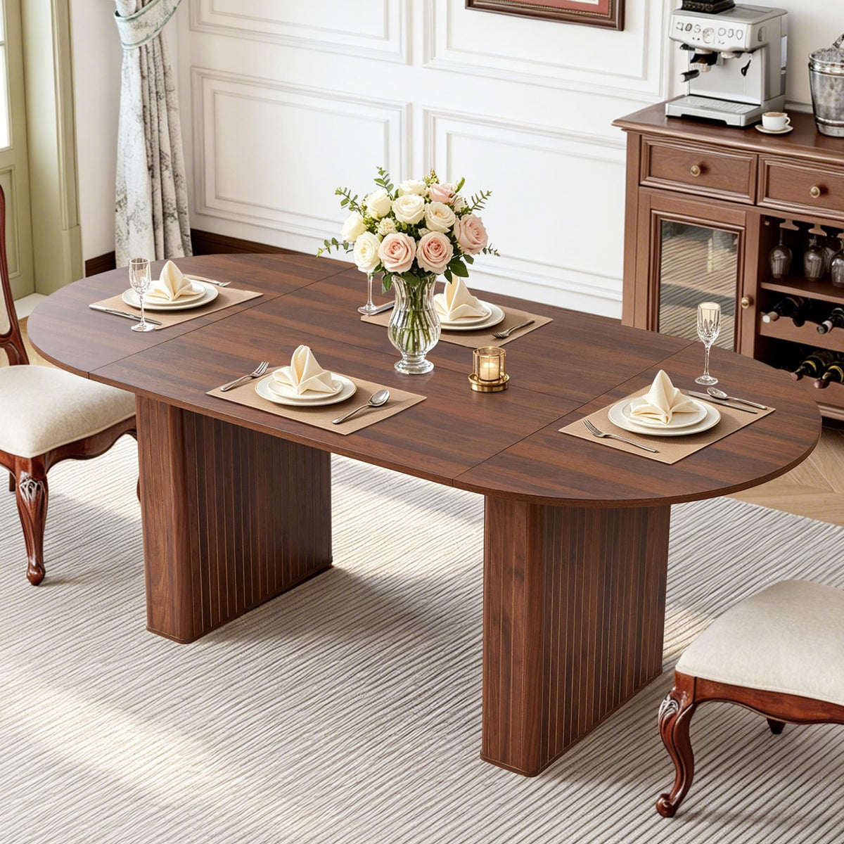 weselon 55"-71" Extendable Dining Table with Storage, Expandable Kitchen Table for 4-6, Space Saving Dining Room Table with Hidden Storage Cabinet, Adjustable Shelves & Fluted Base (Walnut)