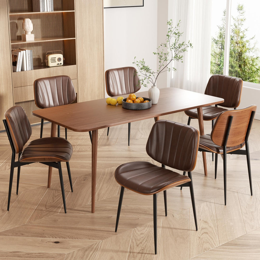 Dining Chairs Set of 2, Mid Century Modern Dining Room Chair, Upholstered Faux Leather Kitchen Chairs with Walnut Bentwood Back and Metal Legs for Kitchen Dining Room Living Room, Black