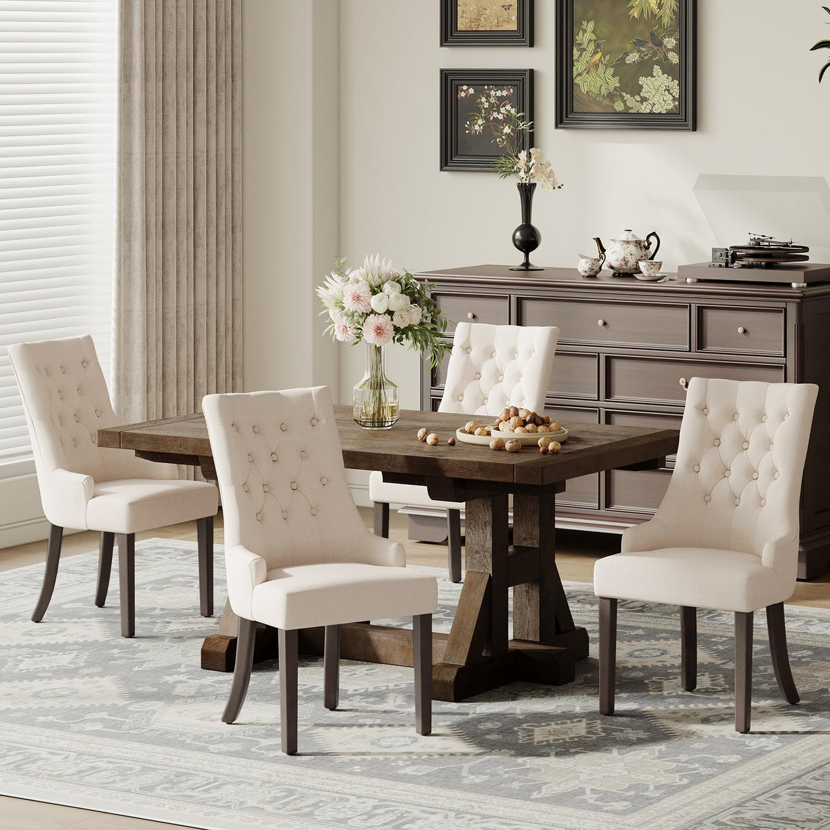 COLAMY Wingback Upholstered Dining Chairs Set of 4, Fabric Side Dining Room Chairs with Tufted Button, Living Room Chairs for Home Kitchen Resturant- Beige