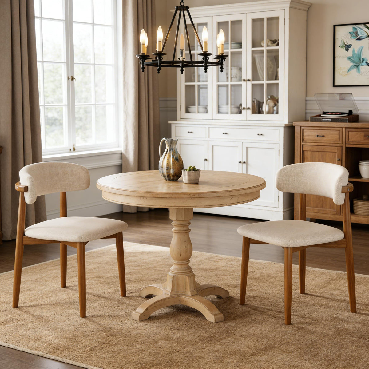 Wooden Dining Chairs Set of 4 Mid Century Modern Upholstered Farmhouse Dining Room Chair with Solid Wood Legs, Fabric Kitchen Side Chairs with Ergonomic Curved Backrest (4, Walnut + Beige)