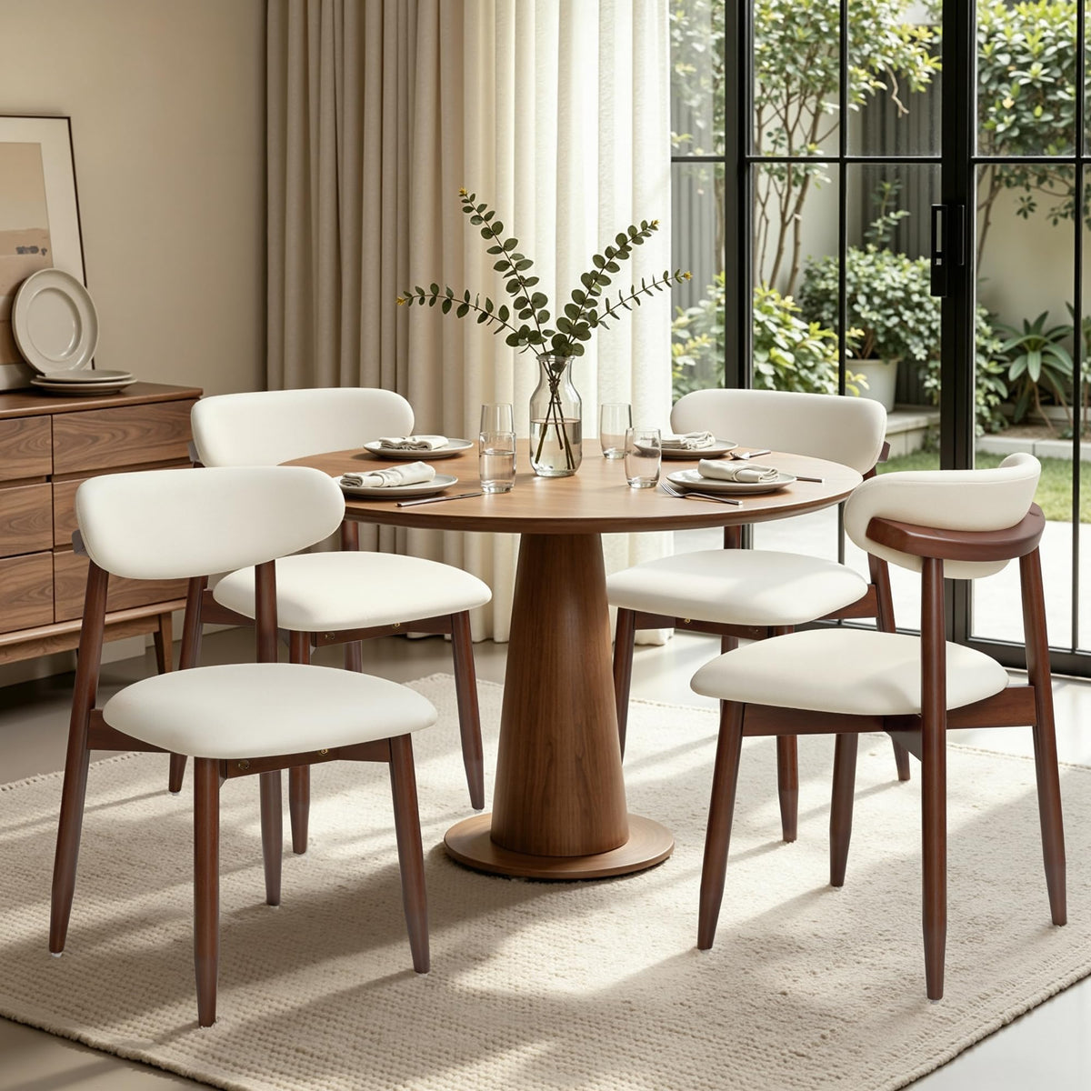 CHUN YI Dining Chairs Set of 4, Upholstered Wooden Dining Room Chairs, Mid Century Modern Fabric Kitchen Chair with Ergonomic Curved Backrest, Beige (Only Chairs)