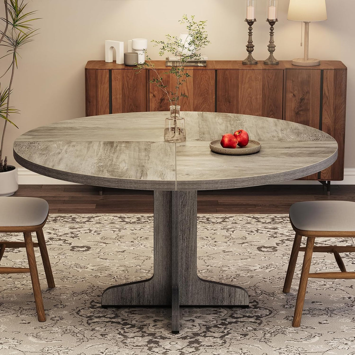47" Round Dining Table for 4, Farmhouse Kitchen Dining Room Table, Grey