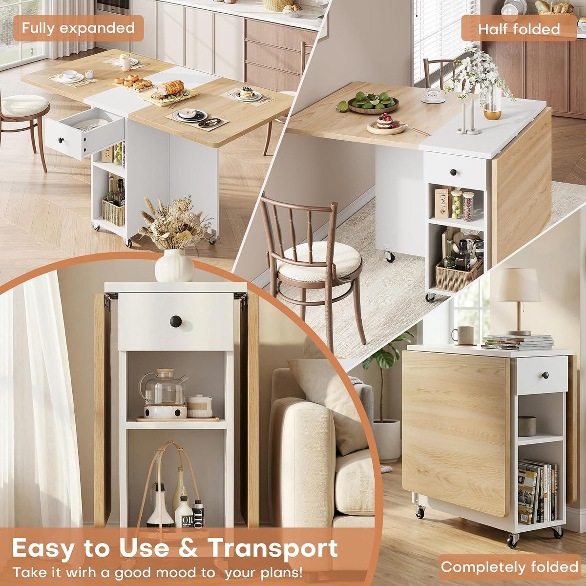 Jocoevol Space Saving Folding Dining Table for 4, Foldable Dining Table with Drawer and Storage Shelf, 6 Wheels Drop Leaf Kitchen Dining Room Table for Small Space (Natural, 47.2" x 23.6" x 29.9")