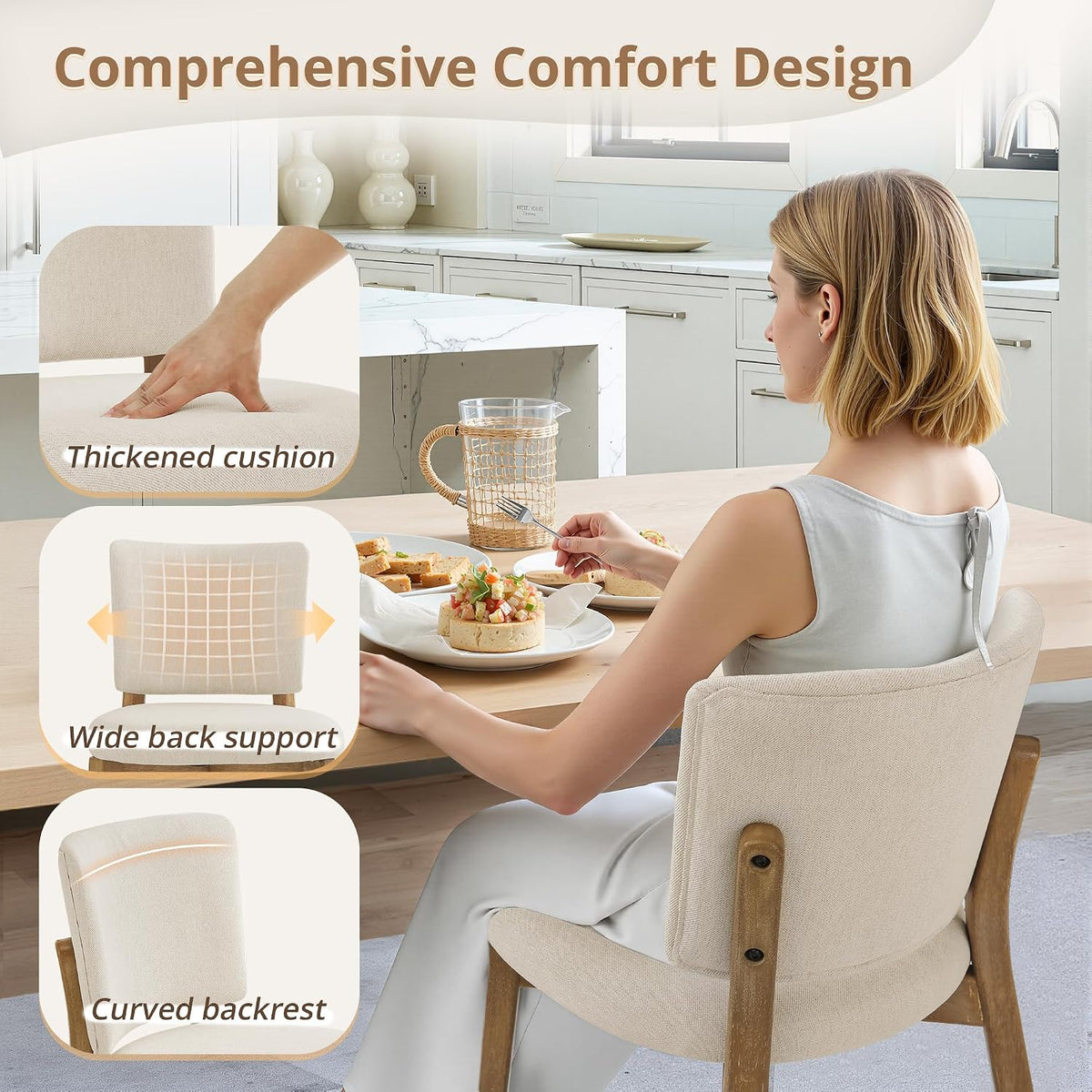 LUE BONA Linen Farmhouse Dining Chairs Set of 4, Natural Wood Leg