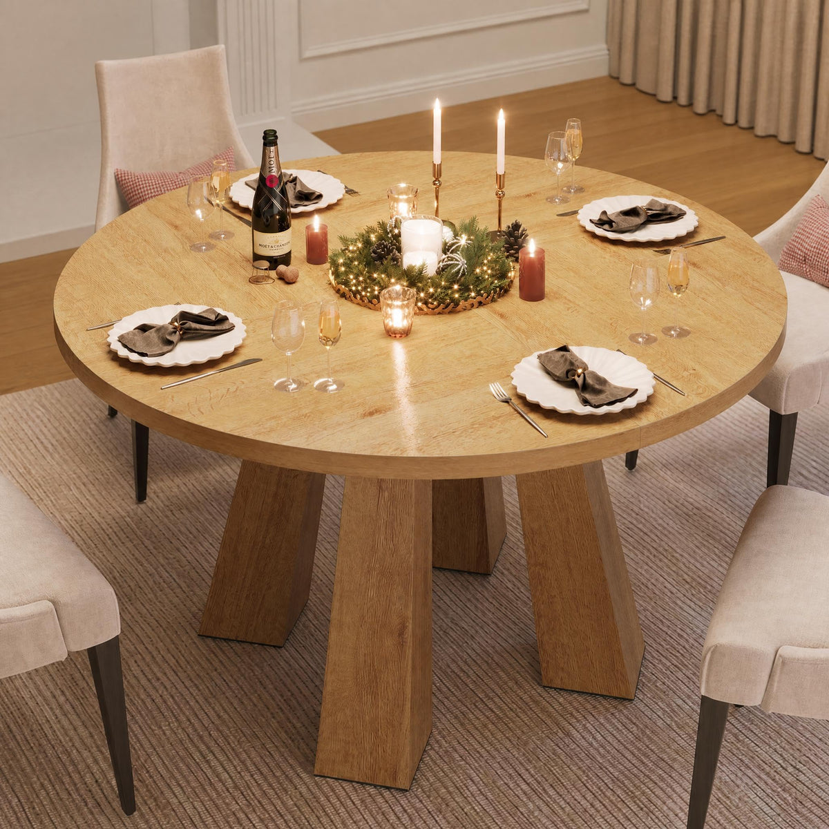 IDEALHOUSE 47" Round Dining Table for 4-6, Farmhouse Wood Kitchen Table