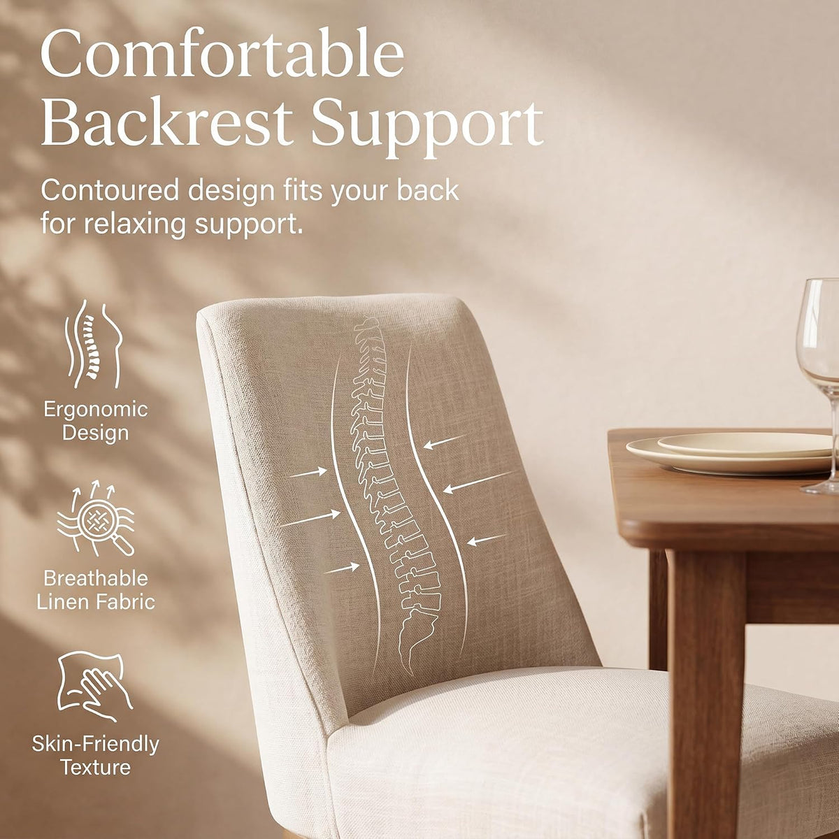 HNY Modern Dining Chairs Set of 6 with Comfortable Back Support, Farmhouse Soft Linen Upholstered Kitchen Dining Room Chairs with Solid Wood Legs, Armless Accent Side Chairs for Living Room, Beige
