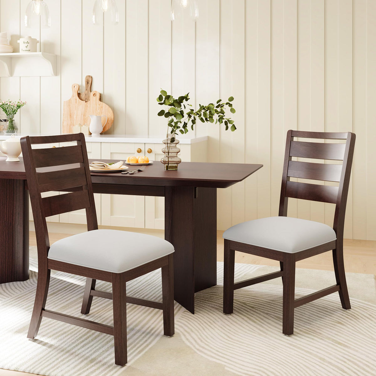 COLAMY Wooden Dining Chairs Set of 6, Farmhouse Upholstered Dining Room Chairs with 3.5" Thick Cushion, FSC Solid Wood Ladder Back Kitchen Chairs for Home and Restaurant, Easy Clean,Brown