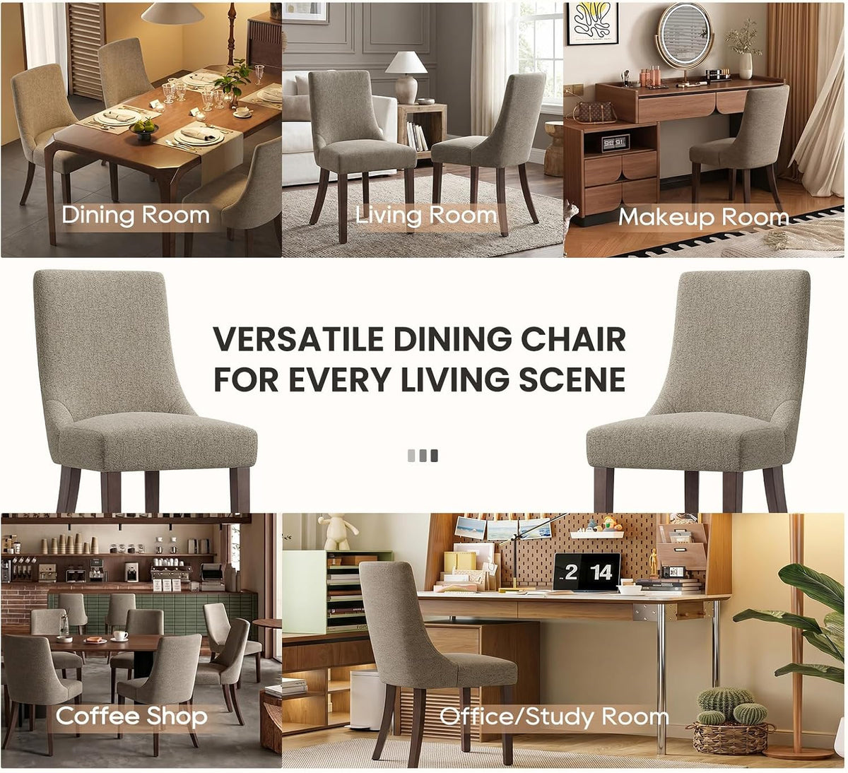 MALOL Wooden Dining Chairs Set of 6, Upholstered Kitchen & Dining Room Chairs with Solid Wood Legs Curved Backrest Farmhouse Accent Chair for Dining/Kitchen/Living Room, Camel