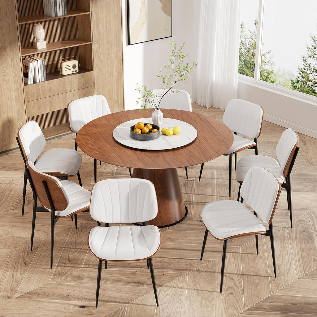 Dining Chairs Set of 2, Mid Century Modern Dining Room Chair, Upholstered Faux Leather Kitchen Chairs with Walnut Bentwood Back and Metal Legs for Kitchen Dining Room Living Room, Black