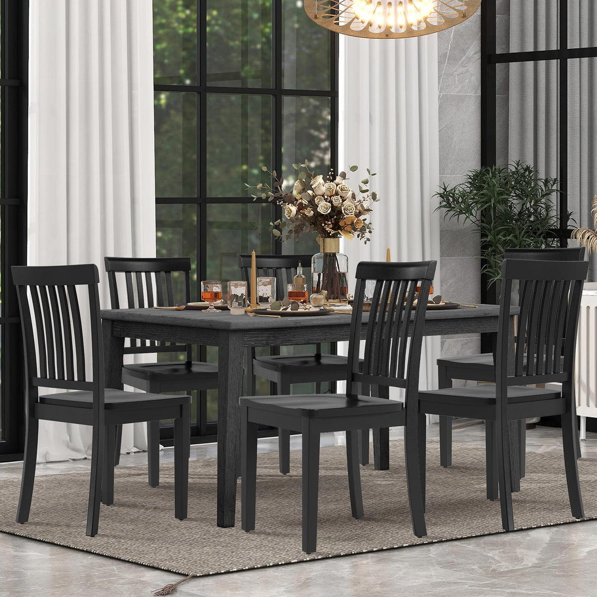 COLAMY Wooden Dining Room Chairs Set of 6, Spindle High Back Windsor Kitchen Side Chair, Farmhouse Dining Chairs for Kitchen, Dining Room, Light Brown