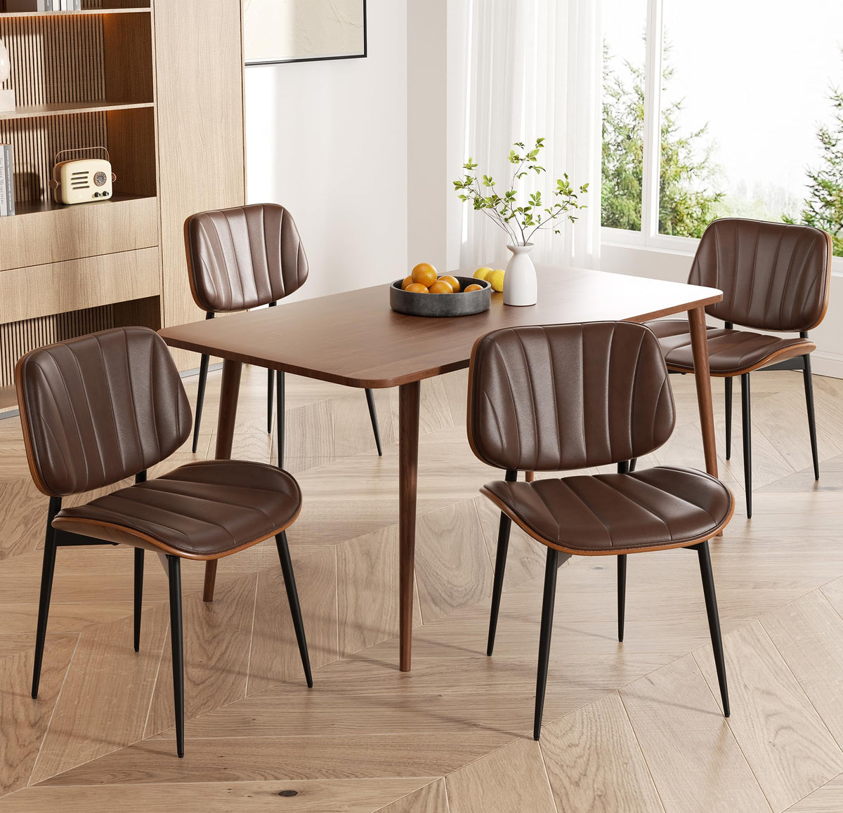 Dining Chairs Set of 2, Mid Century Modern Dining Room Chair, Upholstered Faux Leather Kitchen Chairs with Walnut Bentwood Back and Metal Legs for Kitchen Dining Room Living Room, Black