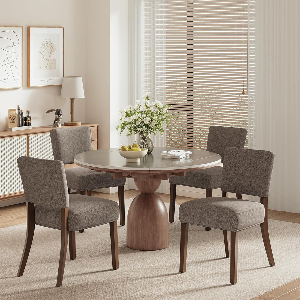 COLAMY Mid Century Modern Dining Chairs Set of 4, Upholstered Kitchen Chairs with Back, Farmhouse Fabric Side Dining Room Chairs with Wood Legs for Dining Room Kitchen Restaurant, Brown