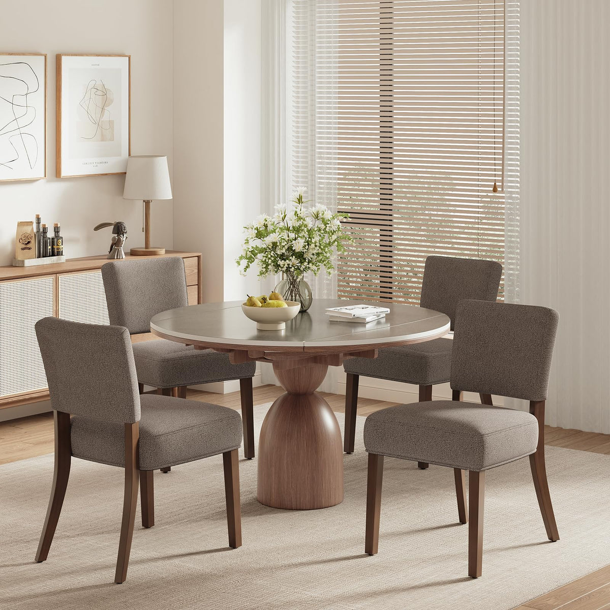 COLAMY Mid Century Modern Dining Chairs Set of 4, Upholstered Kitchen Chairs with Back, Farmhouse Fabric Side Dining Room Chairs with Wood Legs for Dining Room Kitchen Restaurant, Brown
