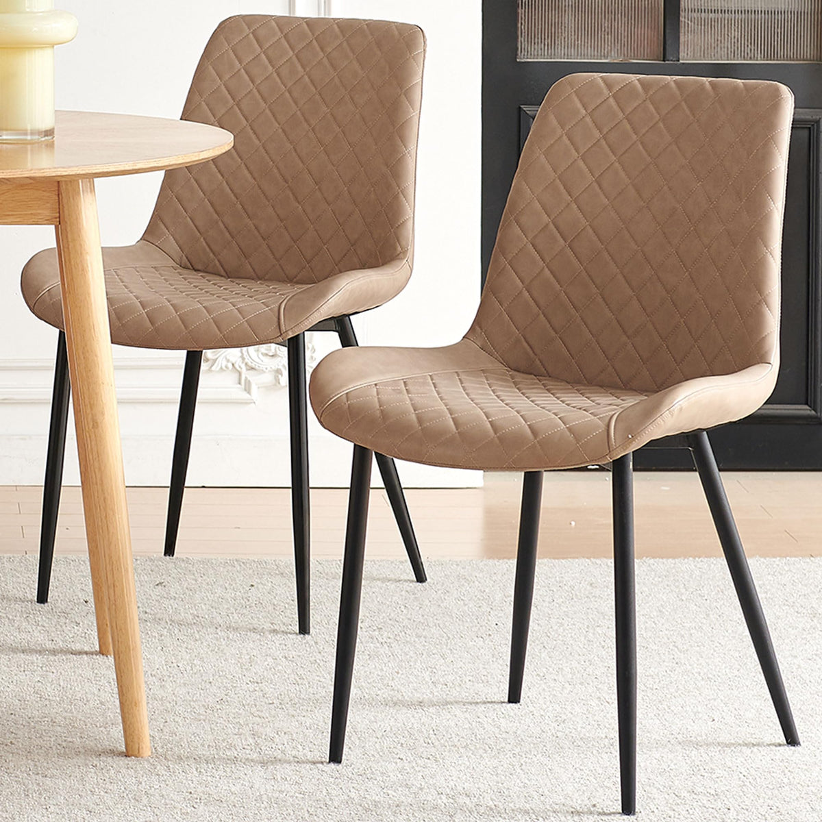 PU Leather Dining Chairs Set of 4, Modern Armless Dining Room Chairs, Comfy Upholstered Kitchen Chairs with Backrest, Black Metal Legs for Living Room, Dinning Room, Beige