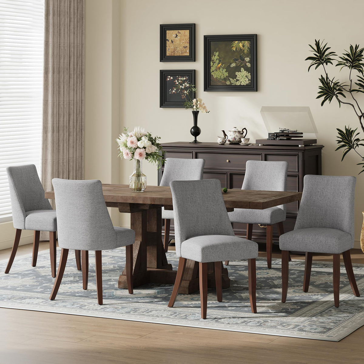 COLAMY Upholstered Dining Chairs Set of 6, Mid Century Modern Kitchen Chairs with Back, Farmhouse Fabric Side Dining Room Chairs with Wood Legs for Dining Room Restaurant, Brown