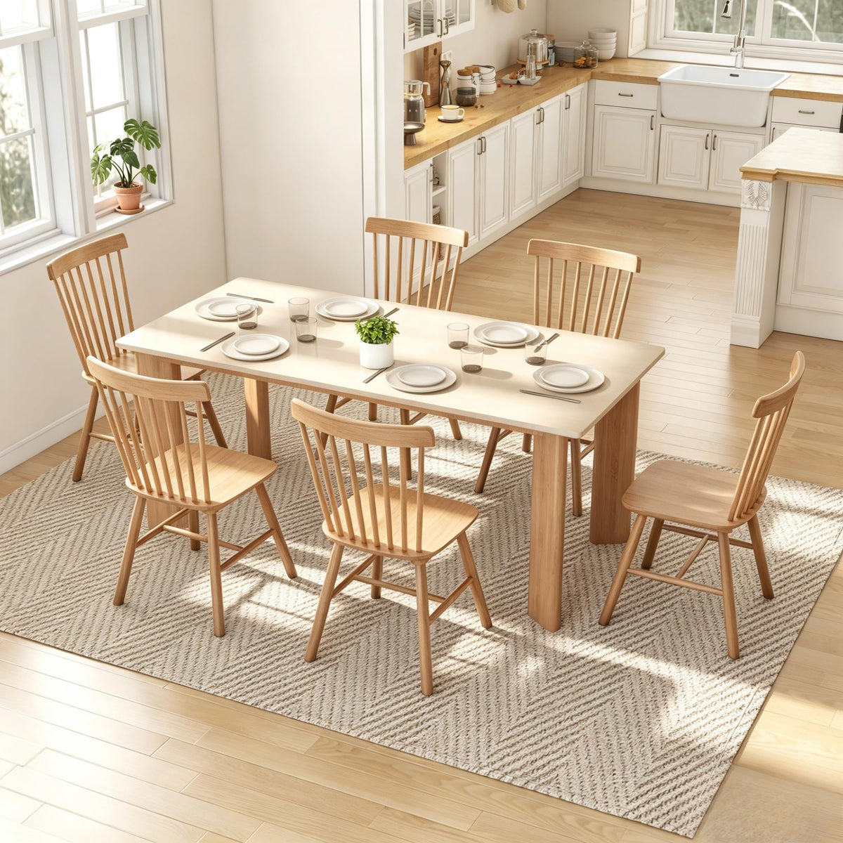 Windsor Dining Chairs Set of 6, Spindle Back Wooden Chairs