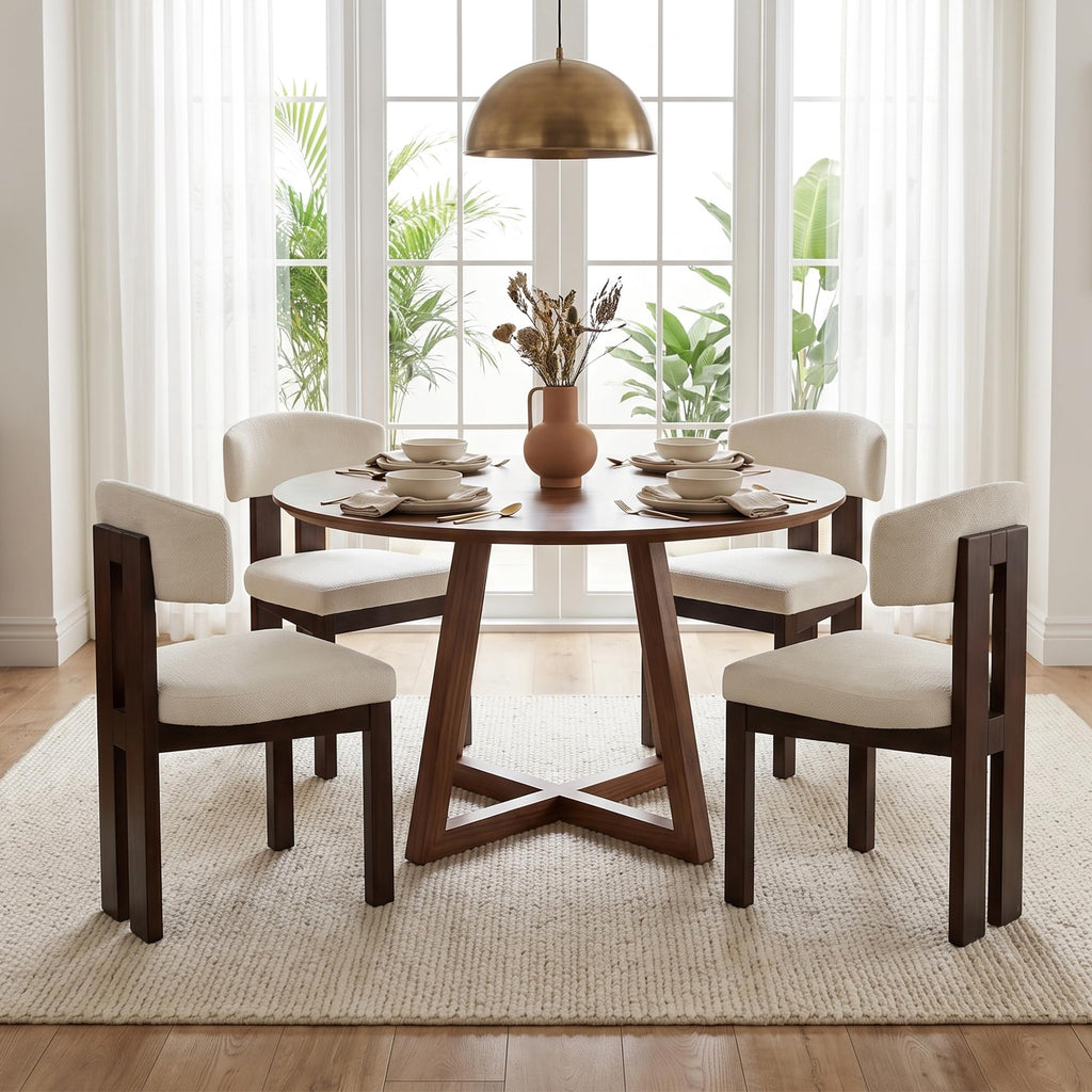 COLAMY Upholstered Dining Chairs Set of 6, Solid Wood Wobble-Free Modern Kitchen Accent Seating for Long Family Dinners, Mid Century Beige Fabric & Walnut Finish,Camel