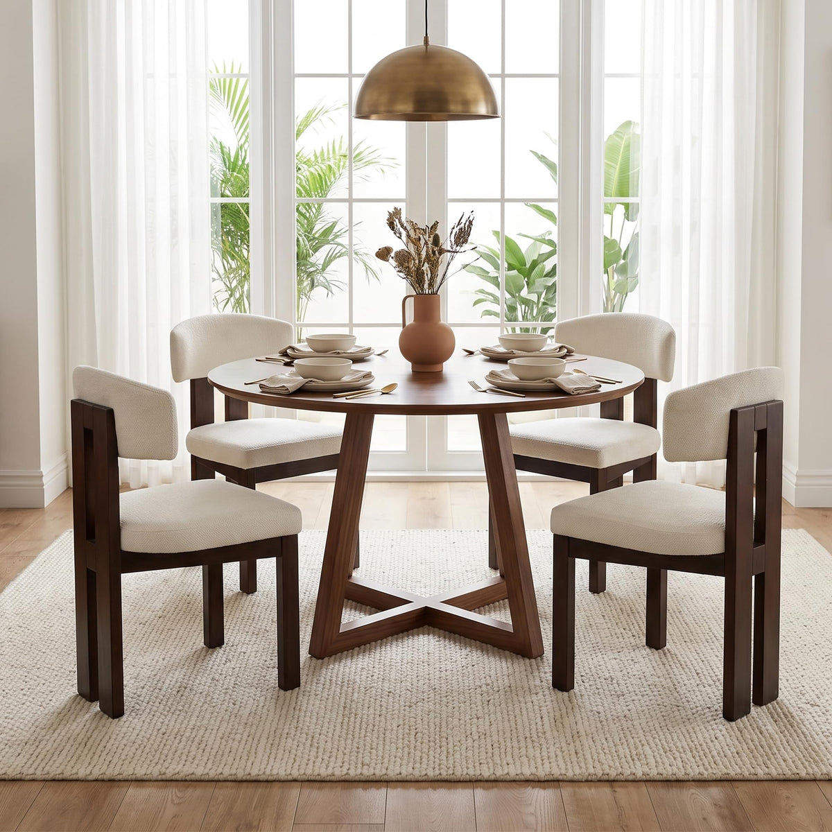 COLAMY Upholstered Dining Chairs Set of 6, Solid Wood Wobble-Free Modern Kitchen Accent Seating for Long Family Dinners, Mid Century Beige Fabric & Walnut Finish,Camel