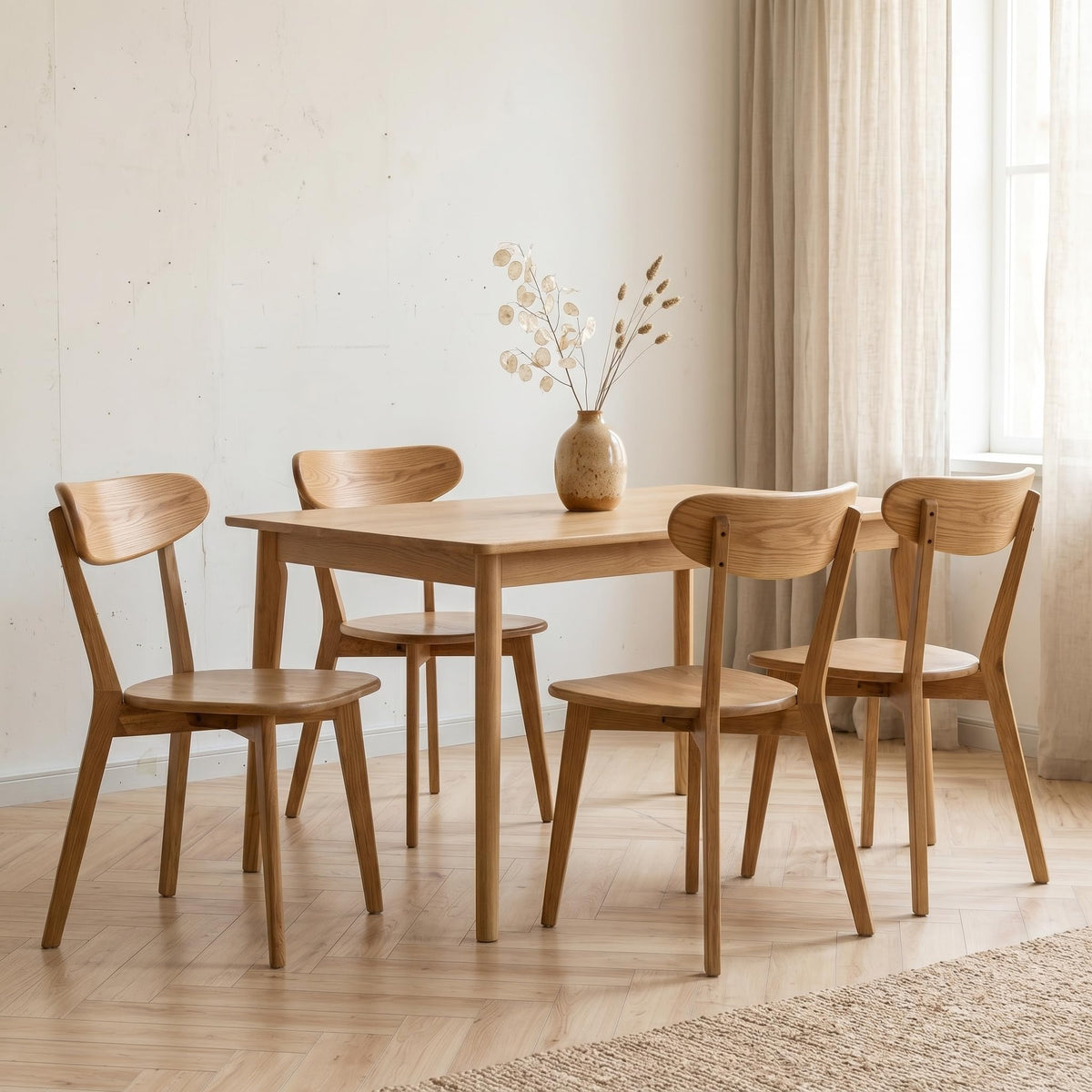 100% Solid Oak Dining Chairs Set of 4, Mid-Century Modern Dining Room Chairs, Wooden Kitchen Chairs with Curved Backrest, Walnut Brown Finish, Sillas de Comedor (4 Chairs)