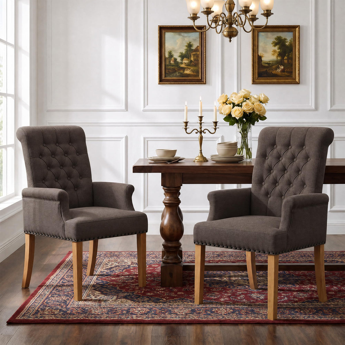 WUTUTUEE Fabric Dining Chair with Arms, Upholstered Tufted High Back Dining Room Chairs, Accent Armchair with Solid Wood Leg and Nailhead Trim, Kitchen Dining Living Room, Beige
