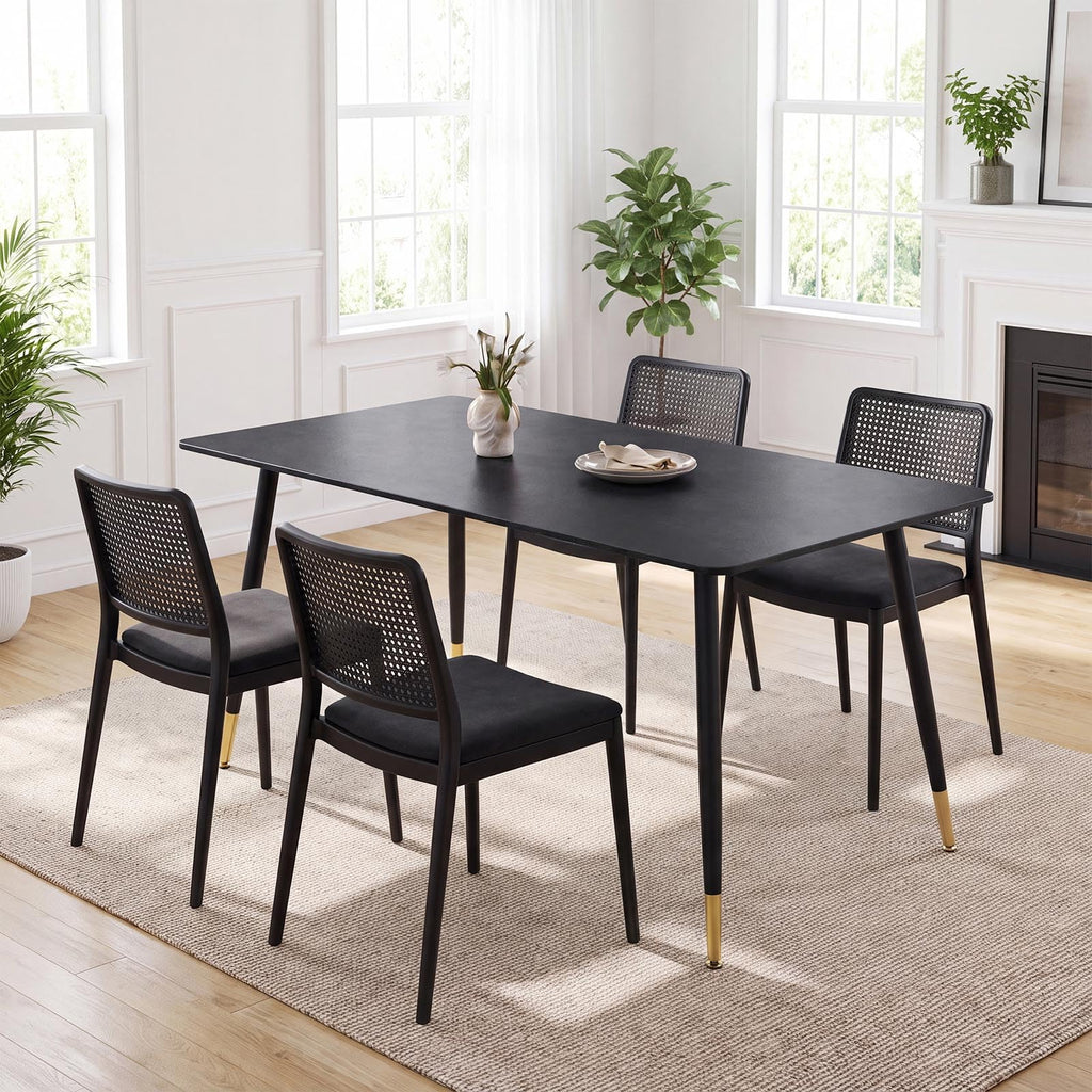 63" Sintered Stone Dining Table, Modern Kitchen Table with Marble Top, Rectangular Dining Table with Black Metal Legs for Small Space Living Room,Kitchen,Office,Cafe, Pandora Beige