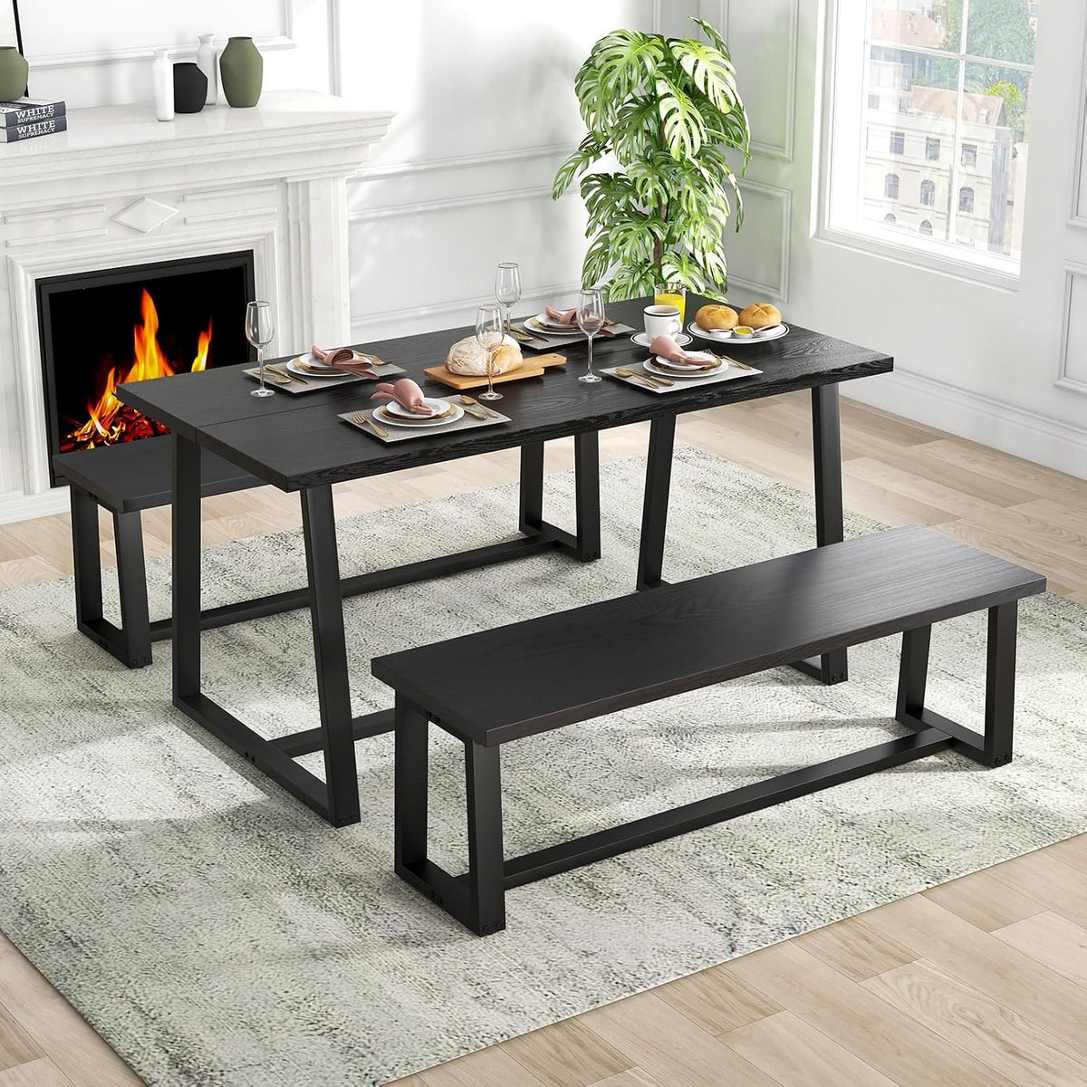 GIANTEX 63" Large Dining Table for 4-6, Mid-Century Kitchen Table w/Heavy-Duty Metal Frame & Anti-Slip Foot Pads, Rectangular Dinner Table for Dining Room Living Room (Rectangular, Black)