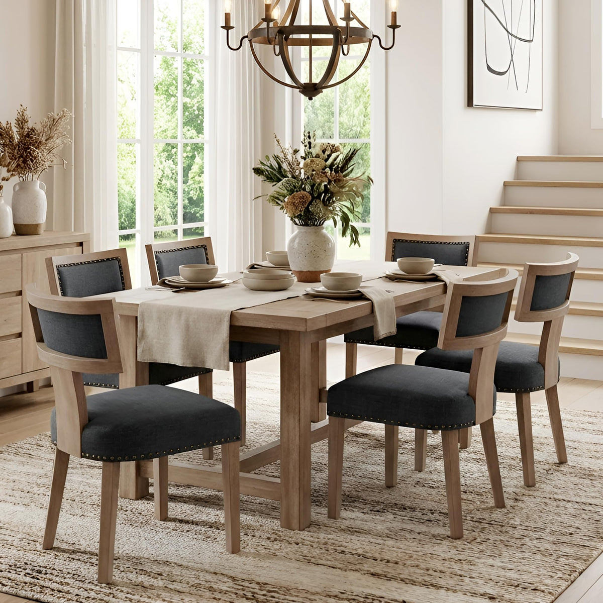 HNY Mid Century Modern Dining Chairs Set of 4, Upholstered Linen Kitchen & Dining Room Chairs with Ergonomic Curved Backrest, Solid Wood Legs, Farmhouse Accent Chair for Home, Apartment, Beige