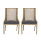 Christopher Knight Home Yone Dining Chairs Set of 2, Modern Dining Chair with Fabric Upholstery, Rubberwood Frame Kitchen Chairs with Cane Webbing, Extra Seat for Dining Room, Beige + Brown