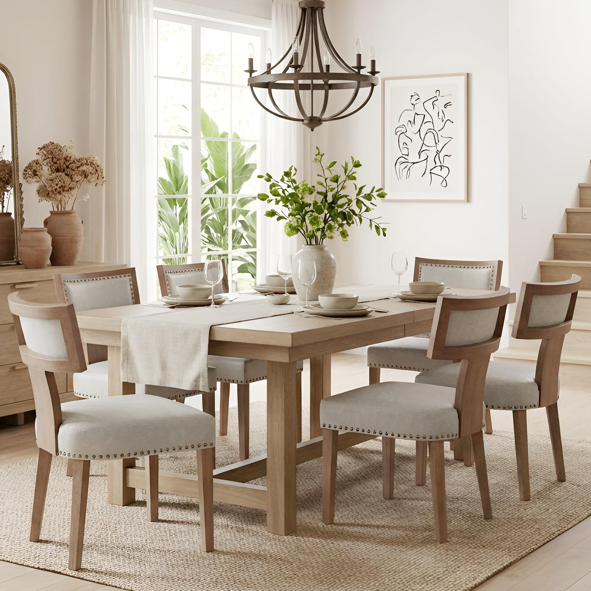 HNY Mid Century Modern Dining Chairs Set of 4, Upholstered Linen Kitchen & Dining Room Chairs with Ergonomic Curved Backrest, Solid Wood Legs, Farmhouse Accent Chair for Home, Apartment, Beige