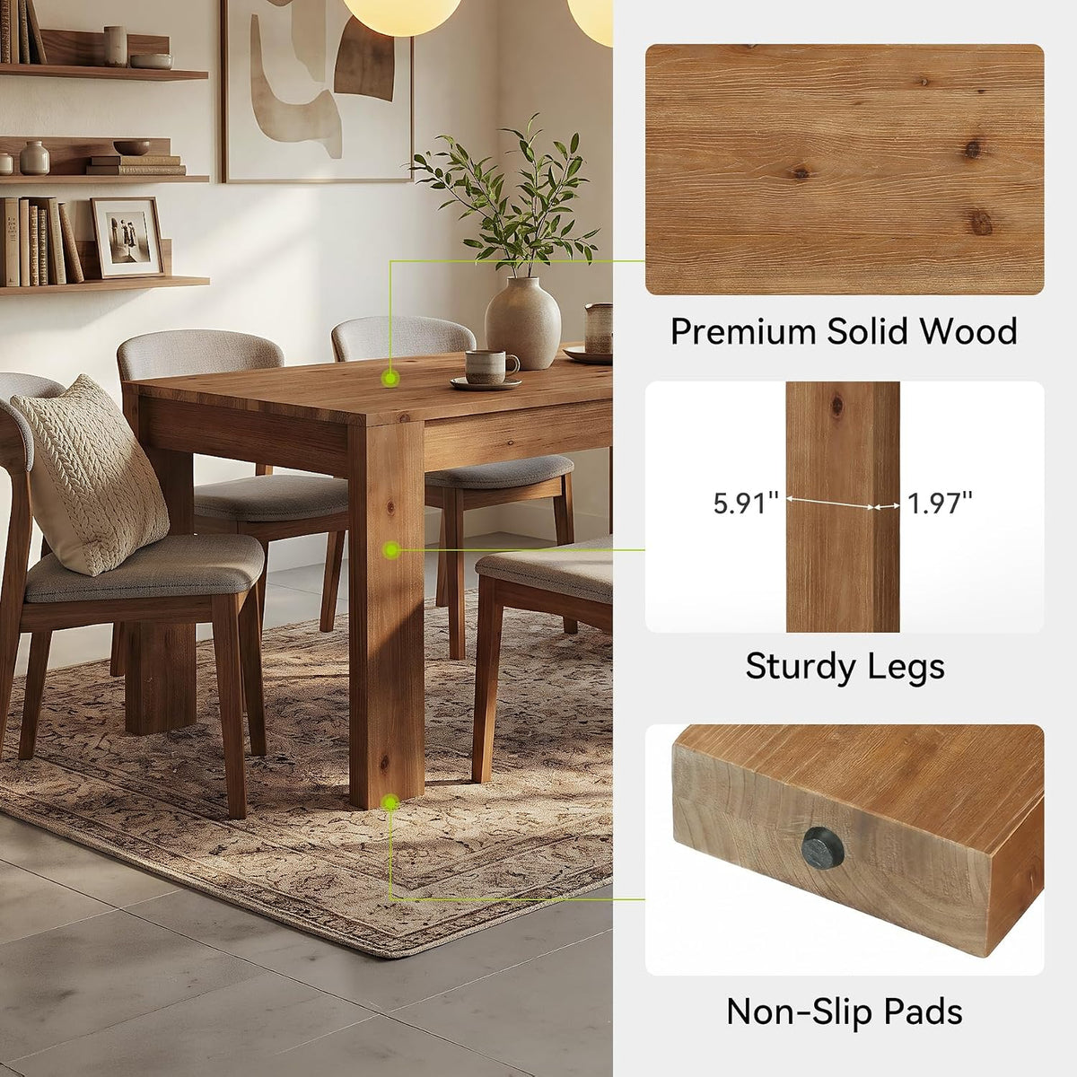 LITTLE TREE 55 Inch Solid Wood Rectangular Dining Table, 29.53" Standard Dining Height Farmhouse Kitchen Table with Thick Sturdy Legs, Compact 4‑6 Person Dinner Table, Rustic Brown, Table Only