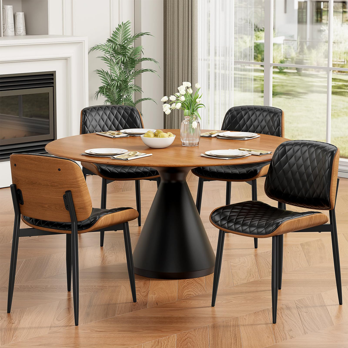 REONEY Dining Chairs Set of 2, Mid-Century Modern Kitchen Chairs, Black