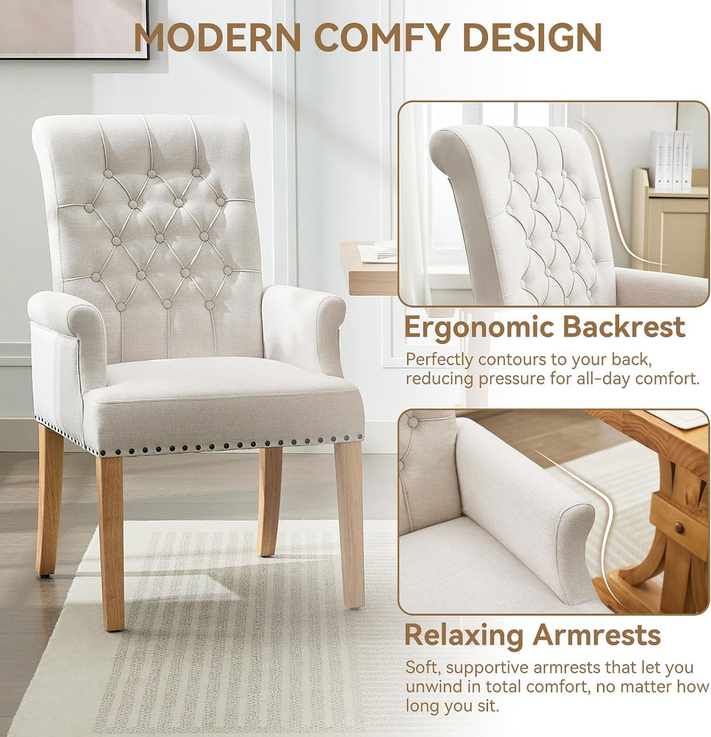 WUTUTUEE Fabric Dining Chair with Arms, Upholstered Tufted High Back Dining Room Chairs, Accent Armchair with Solid Wood Leg and Nailhead Trim, Kitchen Dining Living Room, Beige