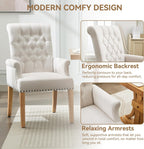 WUTUTUEE Fabric Dining Chair with Arms, Upholstered Tufted High Back Dining Room Chairs, Accent Armchair with Solid Wood Leg and Nailhead Trim, Kitchen Dining Living Room, Beige