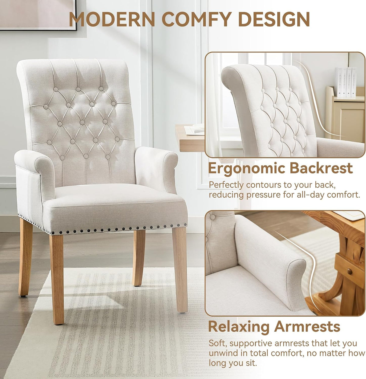 WUTUTUEE Fabric Dining Chair with Arms, Upholstered Tufted High Back Dining Room Chairs, Accent Armchair with Solid Wood Leg and Nailhead Trim, Kitchen Dining Living Room, Beige