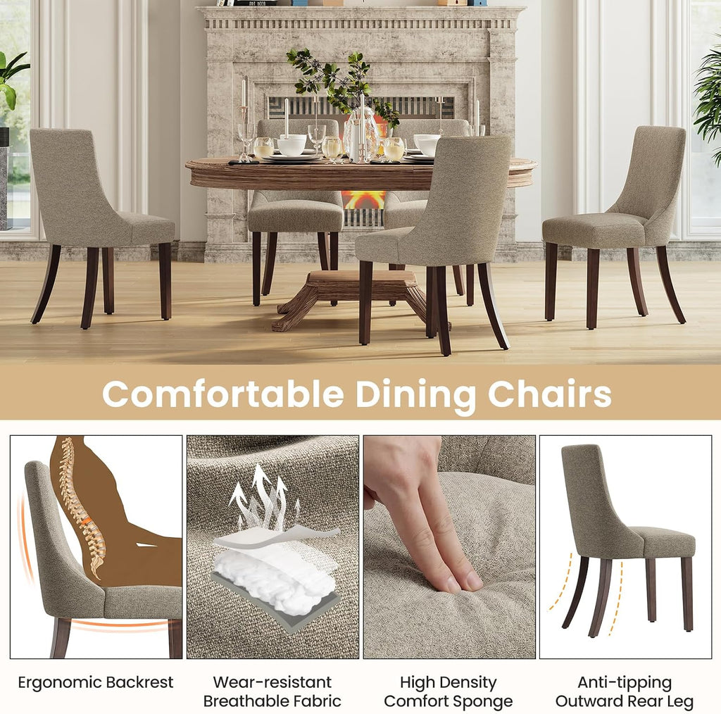 MALOL Wooden Dining Chairs Set of 6, Upholstered Kitchen & Dining Room Chairs with Solid Wood Legs Curved Backrest Farmhouse Accent Chair for Dining/Kitchen/Living Room, Camel